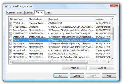 Disable iTunesHelper.exe in MSConfig (Windows)