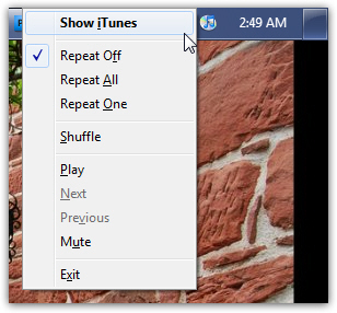 iTunes right-click menu in system tray (notification area)