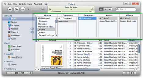 iTunes Column Browser displayed at the top